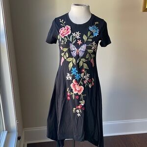 Johnny Was Black Midi Dress with Vibrant Embroidery